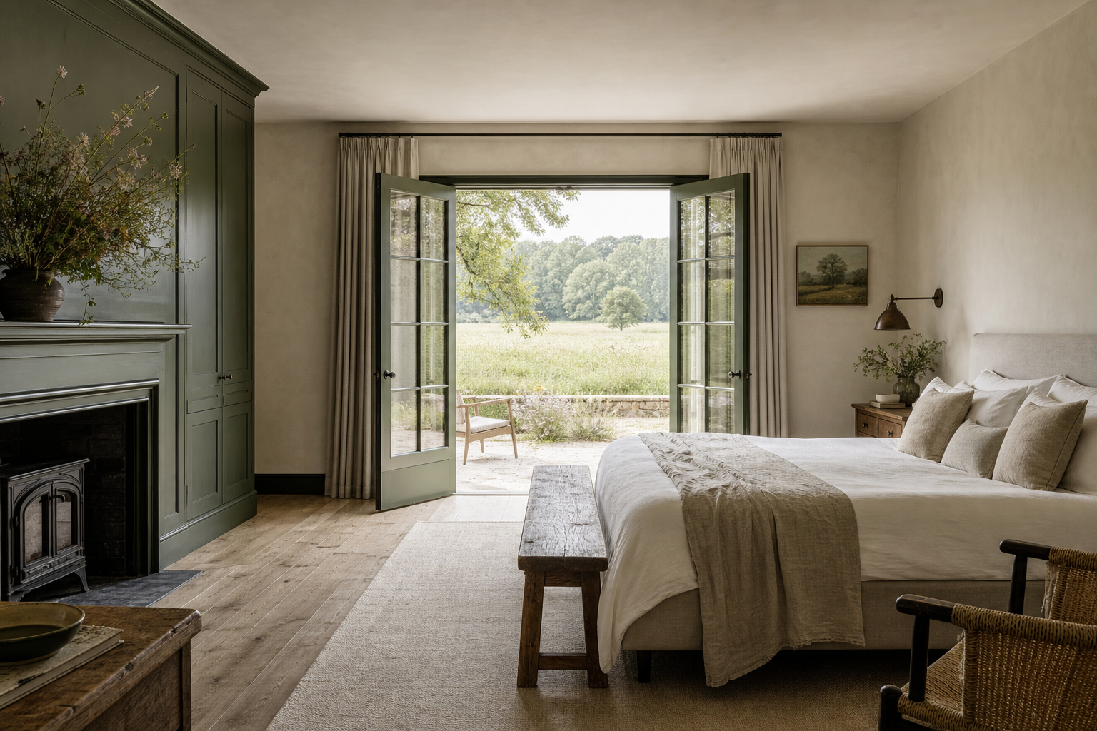 A warm guest room opening toward the Merefield meadow