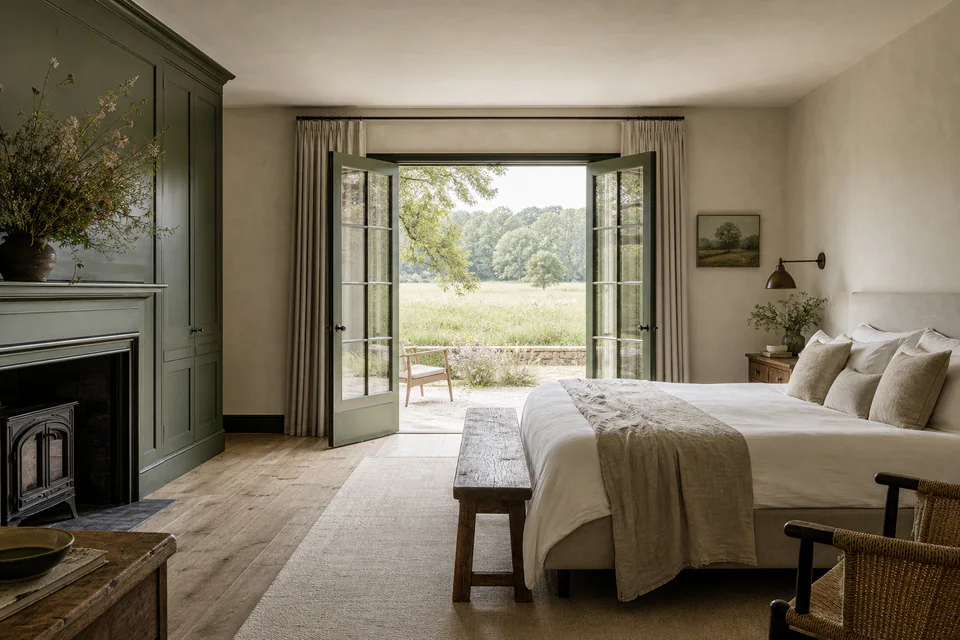 A warm guest room opening toward the Merefield meadow